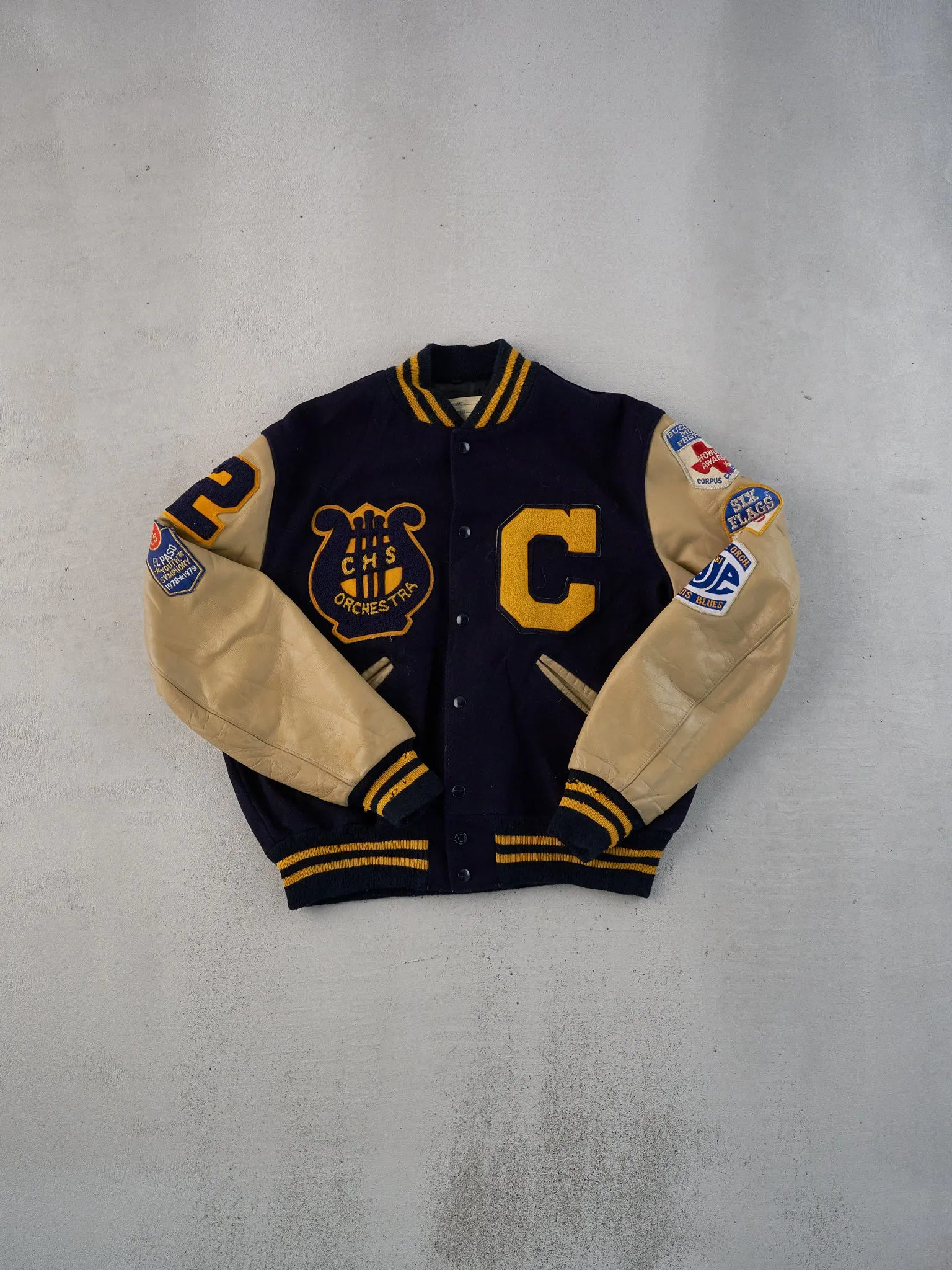 Vintage 82' Navy Blue CHS Orchestra School Leather Varsity Jacket (L) sold by Rebalance Vintage