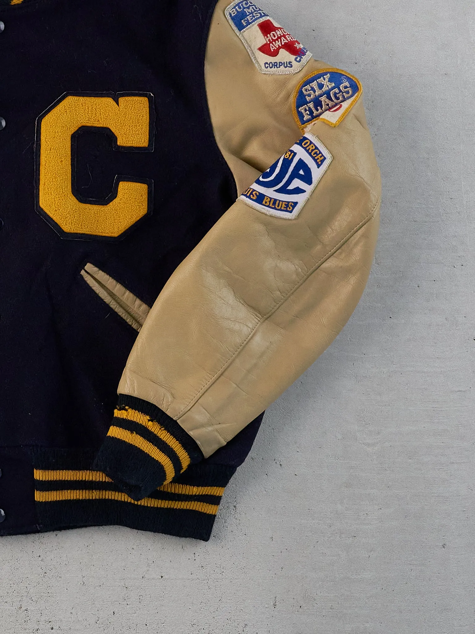 Vintage 82' Navy Blue CHS Orchestra School Leather Varsity Jacket (L) sold by Rebalance Vintage product image thumbnail 5