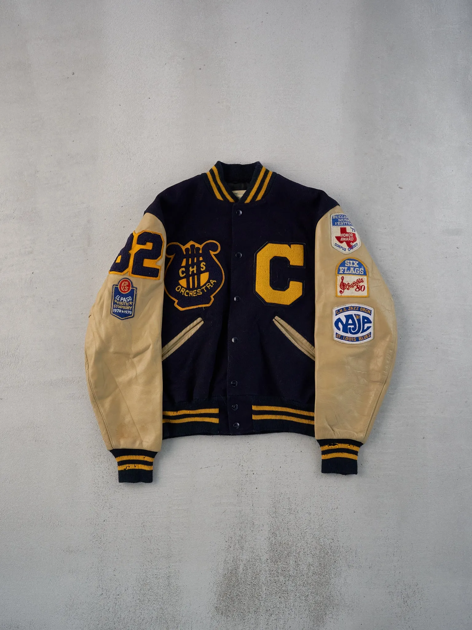 Vintage 82' Navy Blue CHS Orchestra School Leather Varsity Jacket (L) sold by Rebalance Vintage product image thumbnail 2