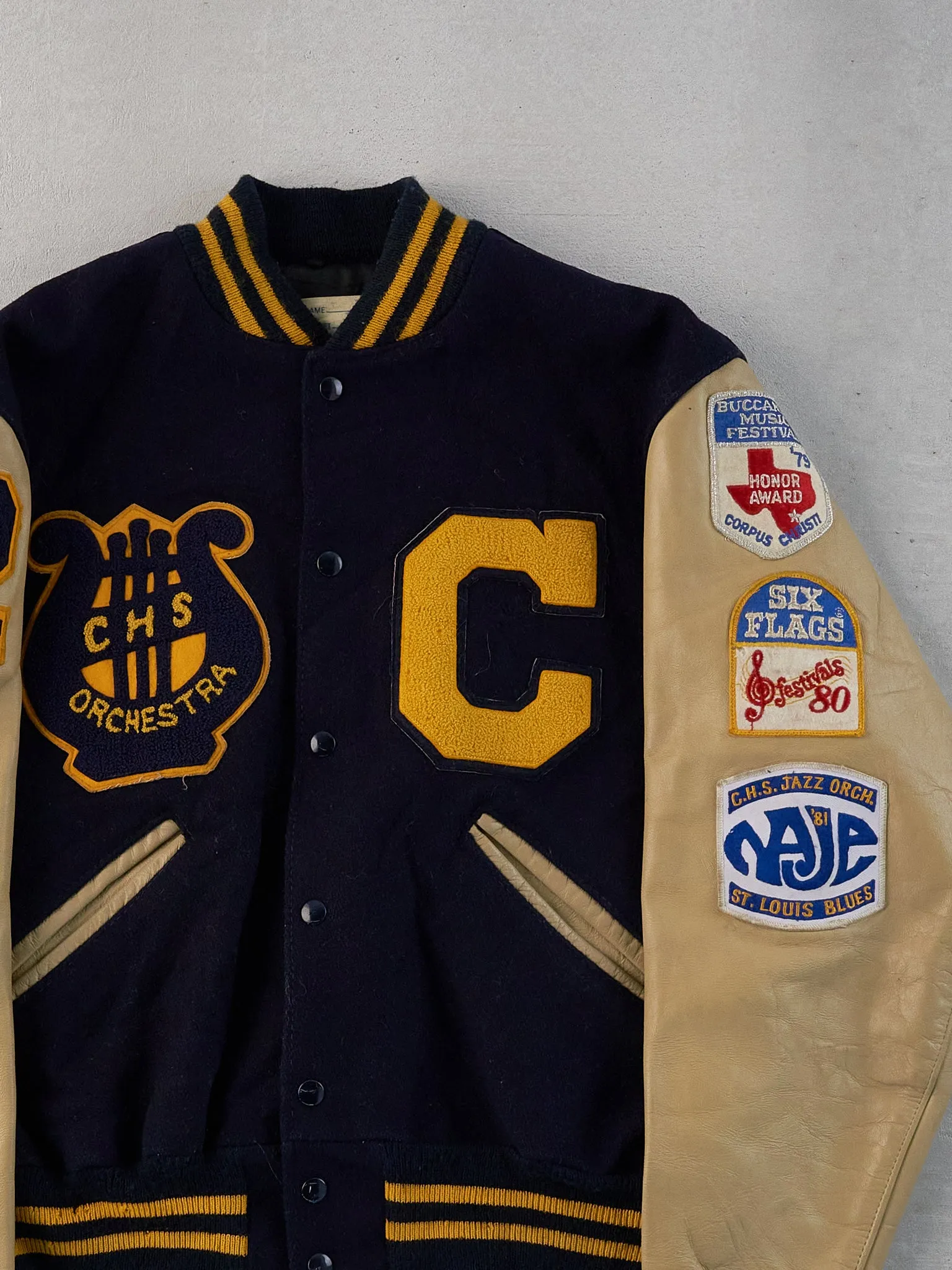 Vintage 82' Navy Blue CHS Orchestra School Leather Varsity Jacket (L) sold by Rebalance Vintage product image thumbnail 4