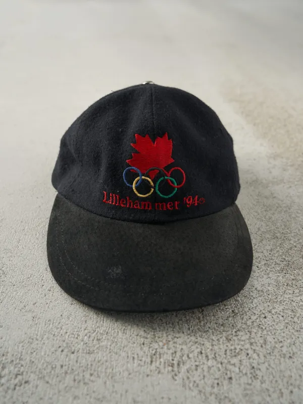 Vintage 94' Black Lillehammer Olympics Wool/ Leather Strapback Hat sold by Rebalance Vintage