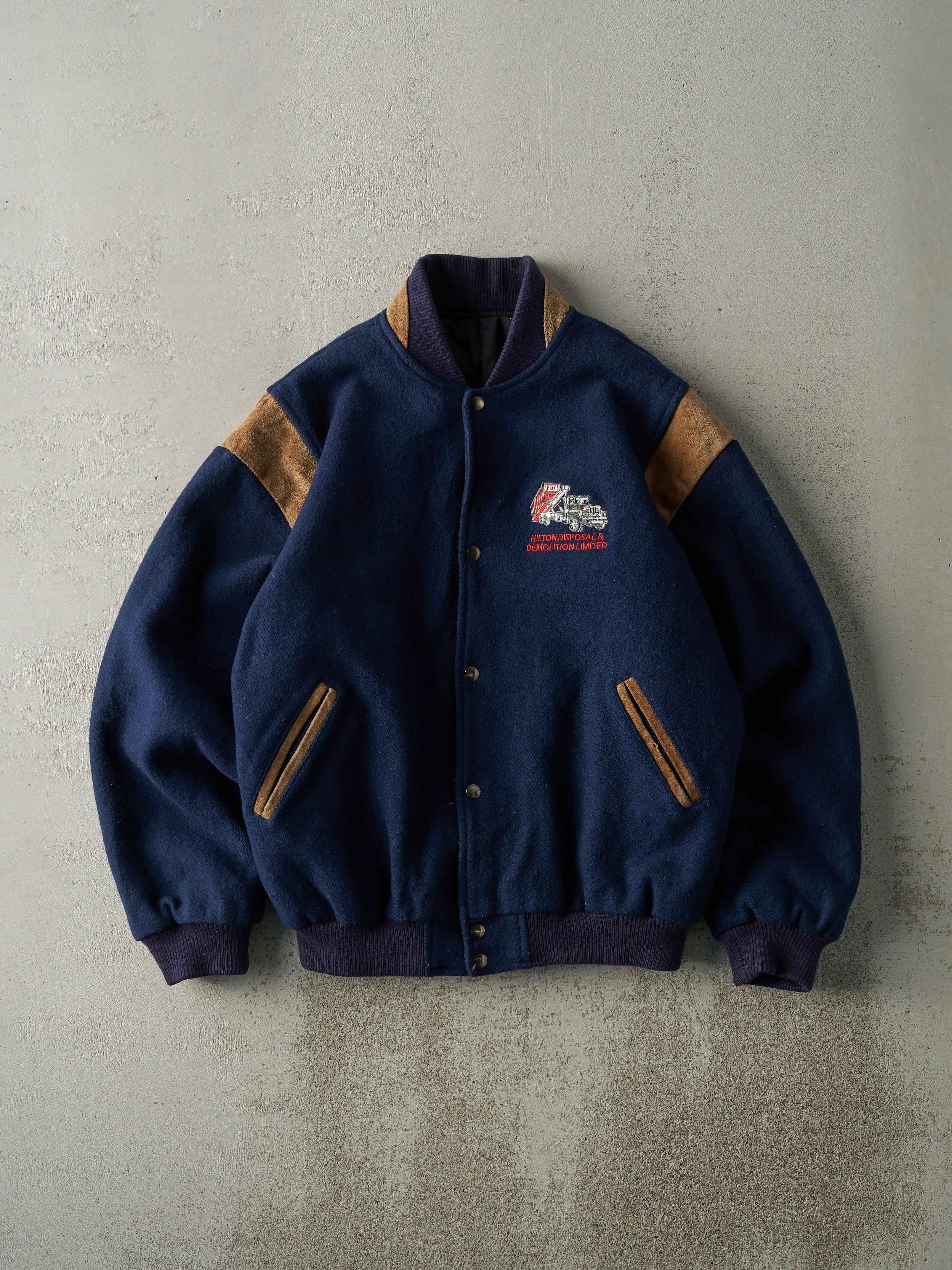 Vintage 80s Navy Blue Embroidered Wool Varsity Jacket (M/L) sold by Rebalance Vintage