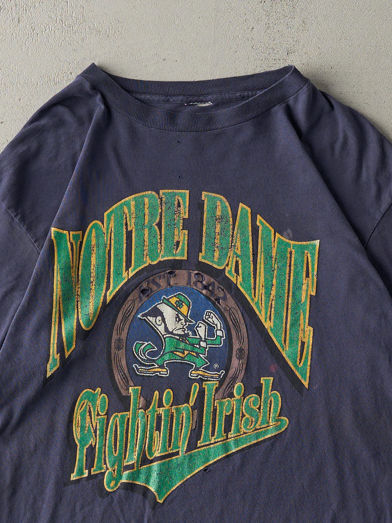 Vintage 90s Navy Blue Notre Dame Fighting Irish Single Stitch Tee (L/XL) sold by Rebalance Vintage product image thumbnail 3