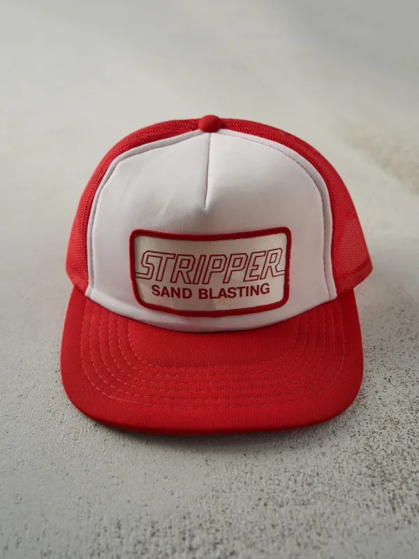 Vintage 80s Red & White Stripper Sand Blasting Foam Trucker Hat sold by Rebalance Vintage