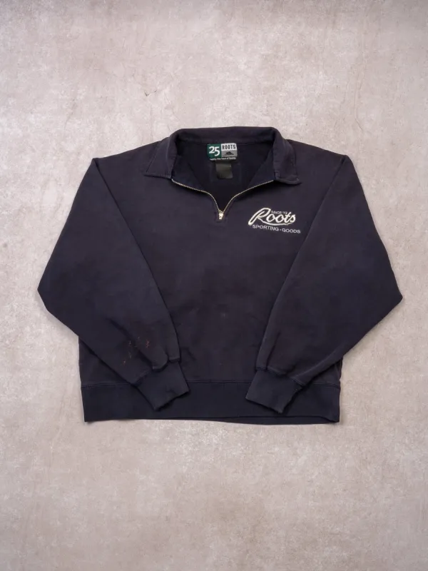 VIntage 90s Washed Navy Roots Sporting Goods 1/4 Zip Sweater (L) sold by Rebalance Vintage