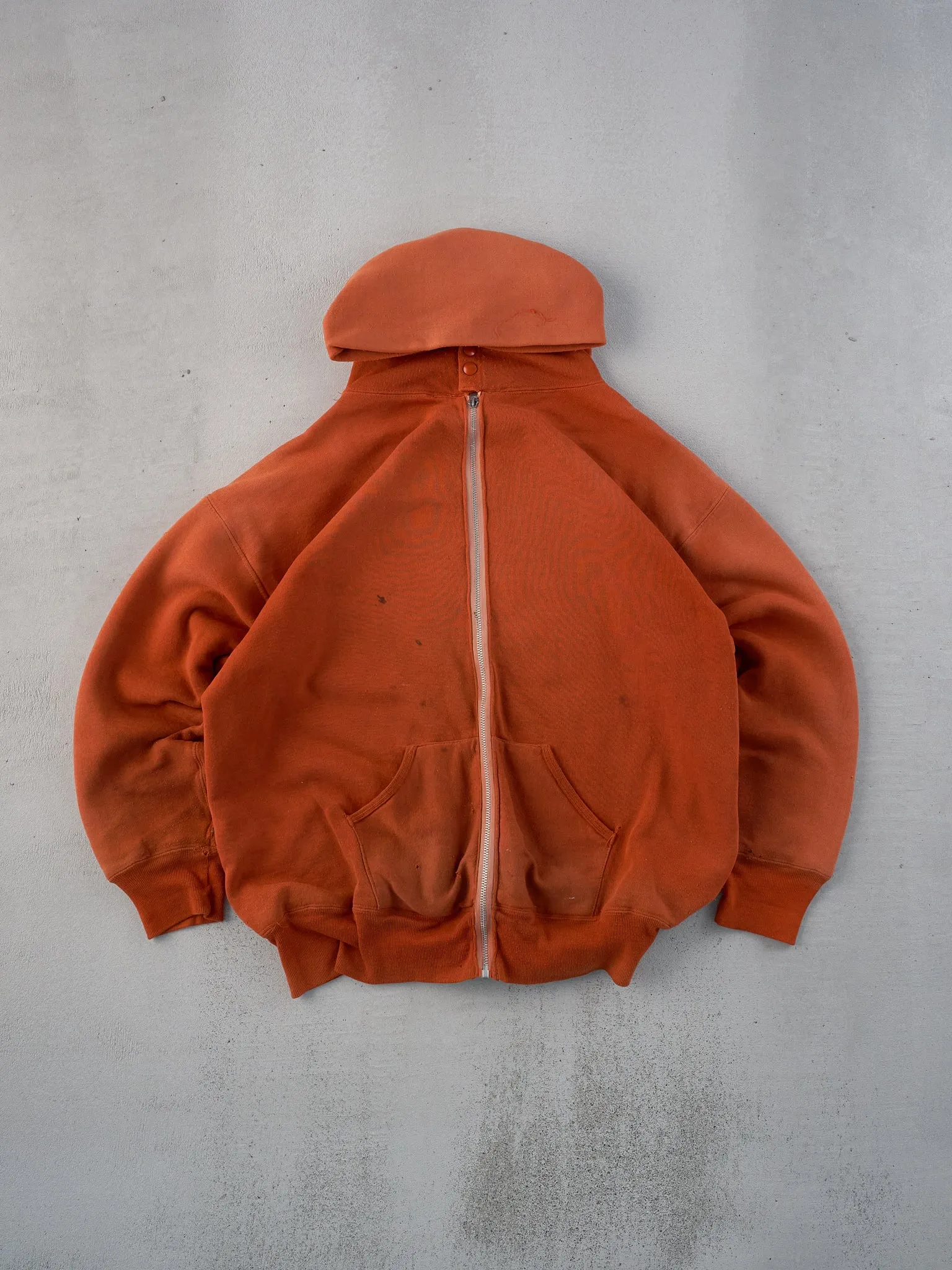 Vintage 80s Orange Russell Athletics Asplundh Double Snap Zip Up (L) sold by Rebalance Vintage