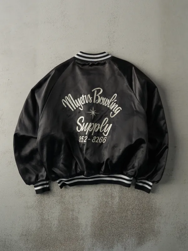 Vintage 90s Black Myers Bowling Supply Nylon Bomber Jacket (L) sold by Rebalance Vintage