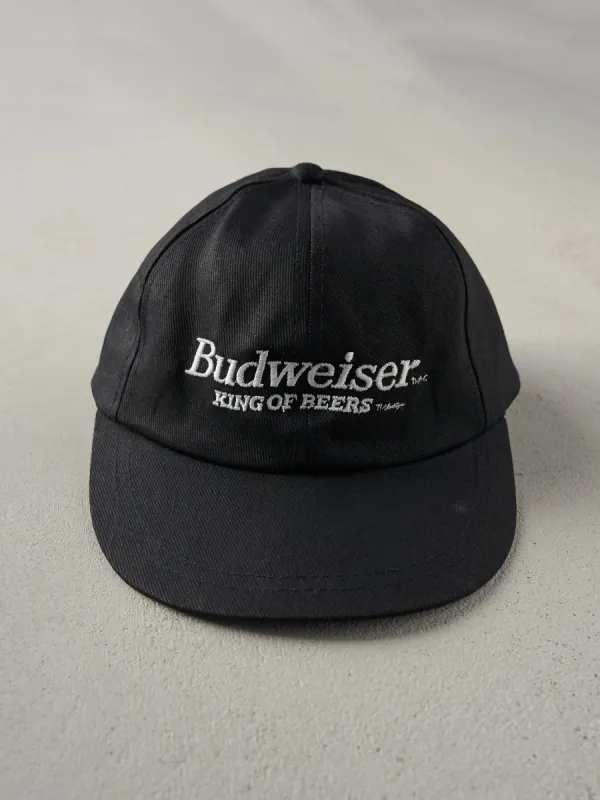 Vintage 80s Black Budweiser Leather Strap Back Hat sold by Rebalance Vintage