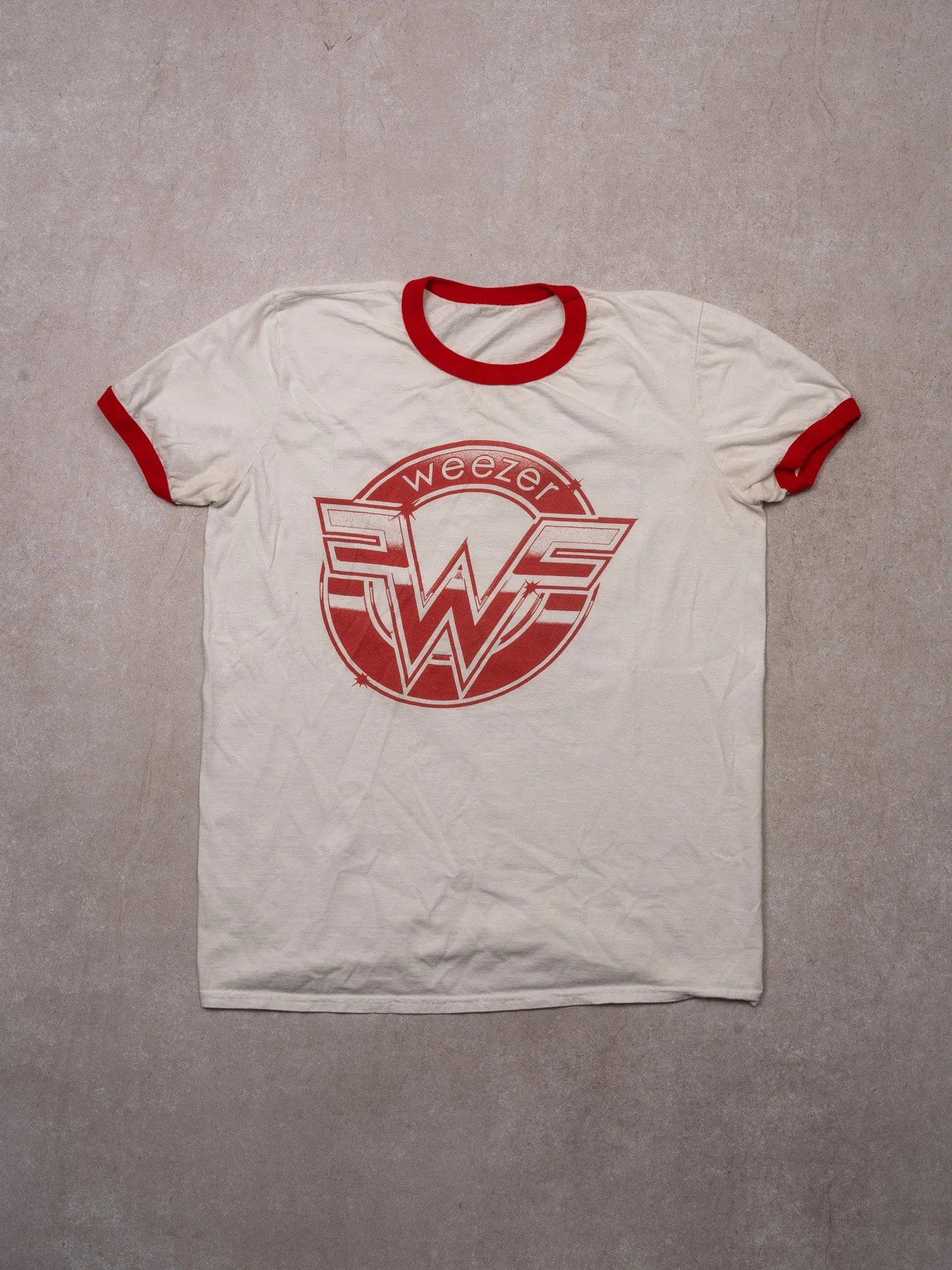 Vintage 00s White + Red Weezer Ringer Tee (S) sold by Rebalance Vintage