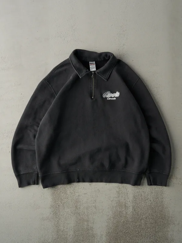 Vintage 90s Faded Black Embroidered Roots Quarter Zip Crewneck (L) sold by Rebalance Vintage