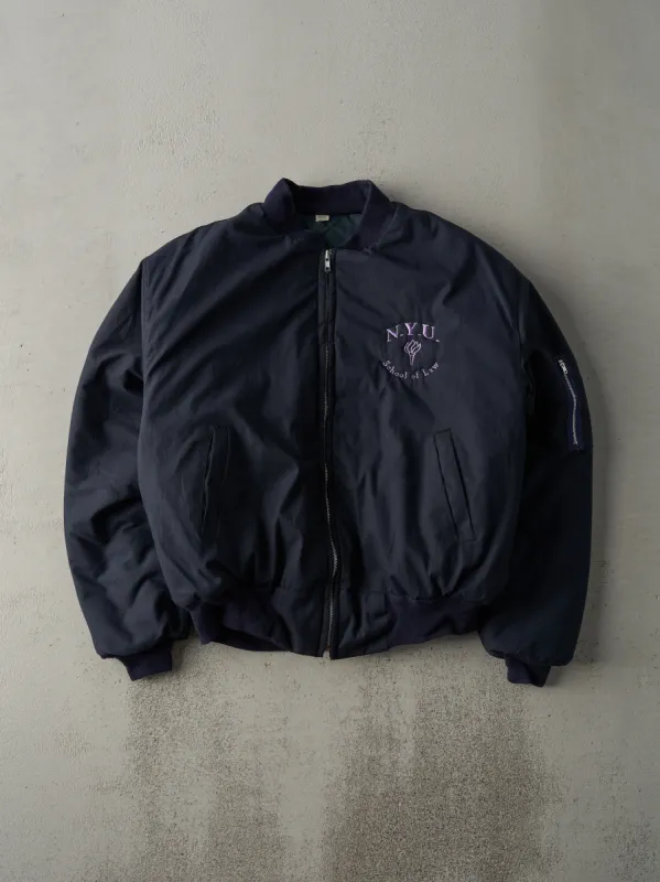 Vintage 80s Navy Blue NYU School of Law Bomber Jacket (L) sold by Rebalance Vintage