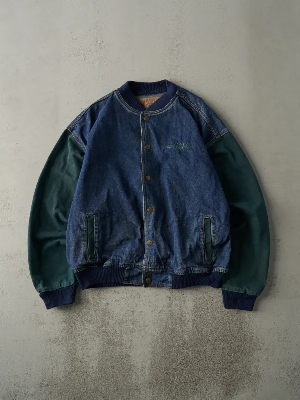 Vintage 90s Dark Wash & Green Embroidered Boxy Denim Bomber Jacket (L) sold by Rebalance Vintage