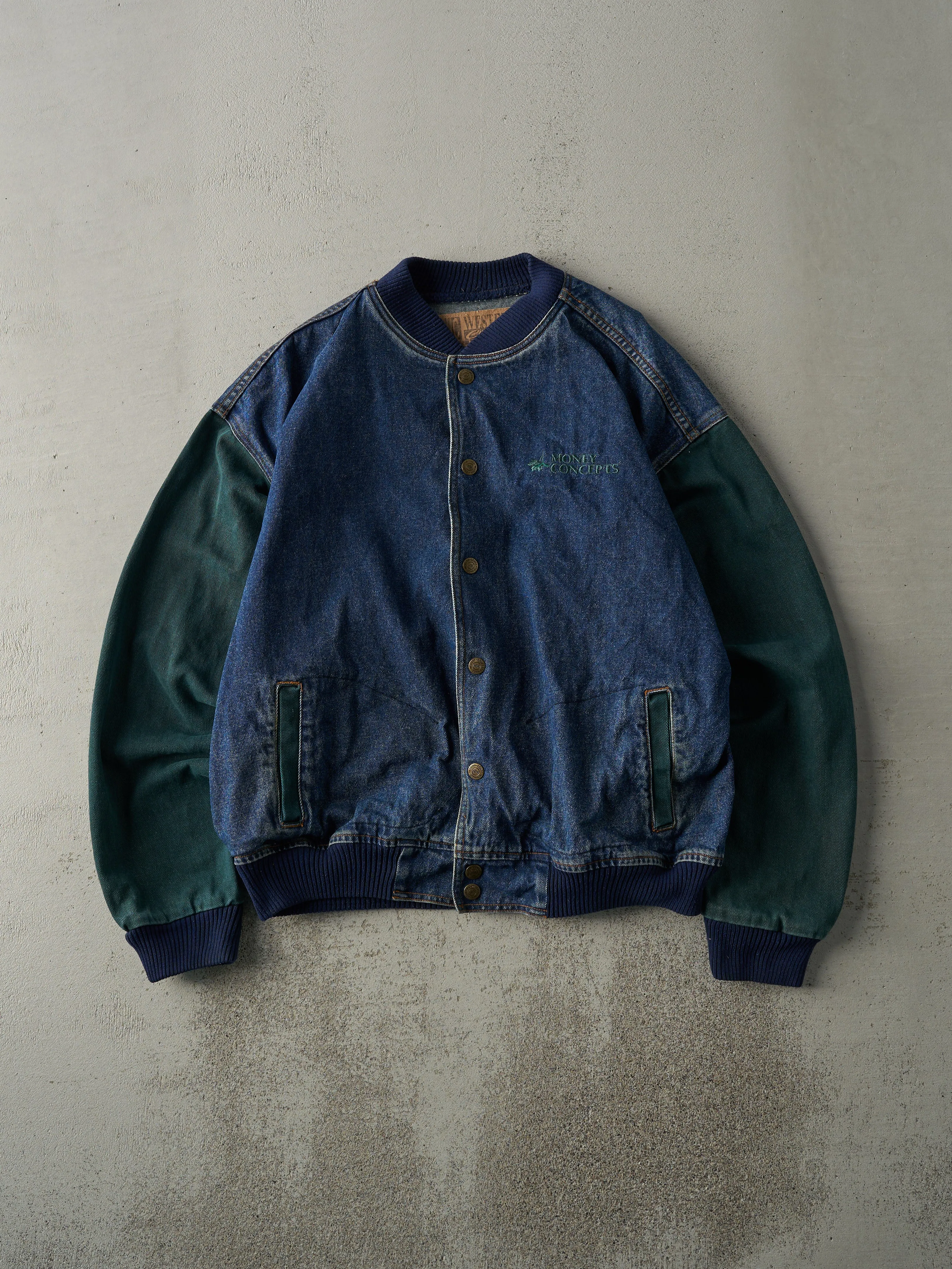 Vintage 90s Dark Wash & Green Embroidered Boxy Denim Bomber Jacket (L) sold by Rebalance Vintage