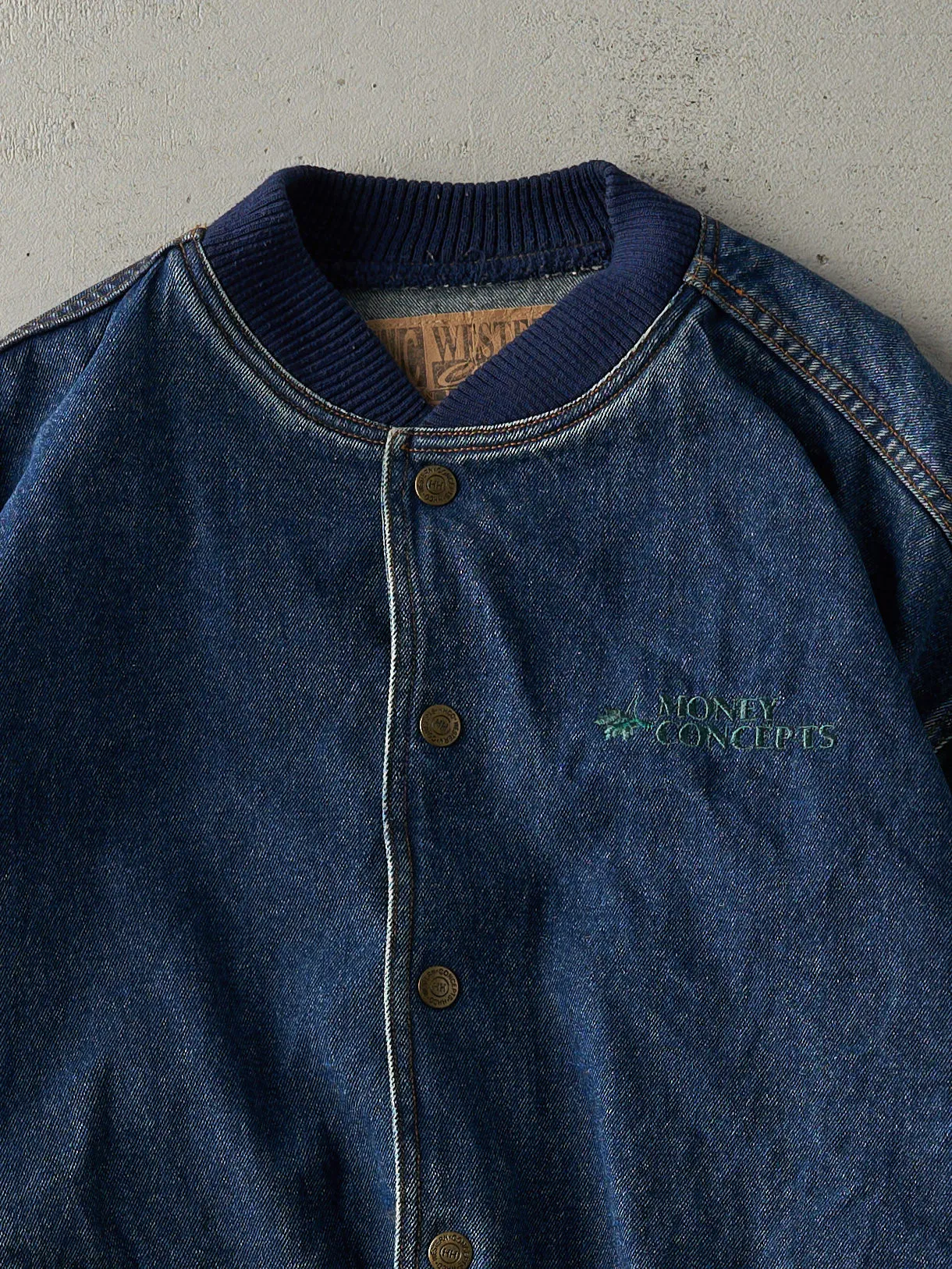 Vintage 90s Dark Wash & Green Embroidered Boxy Denim Bomber Jacket (L) sold by Rebalance Vintage product image thumbnail 2