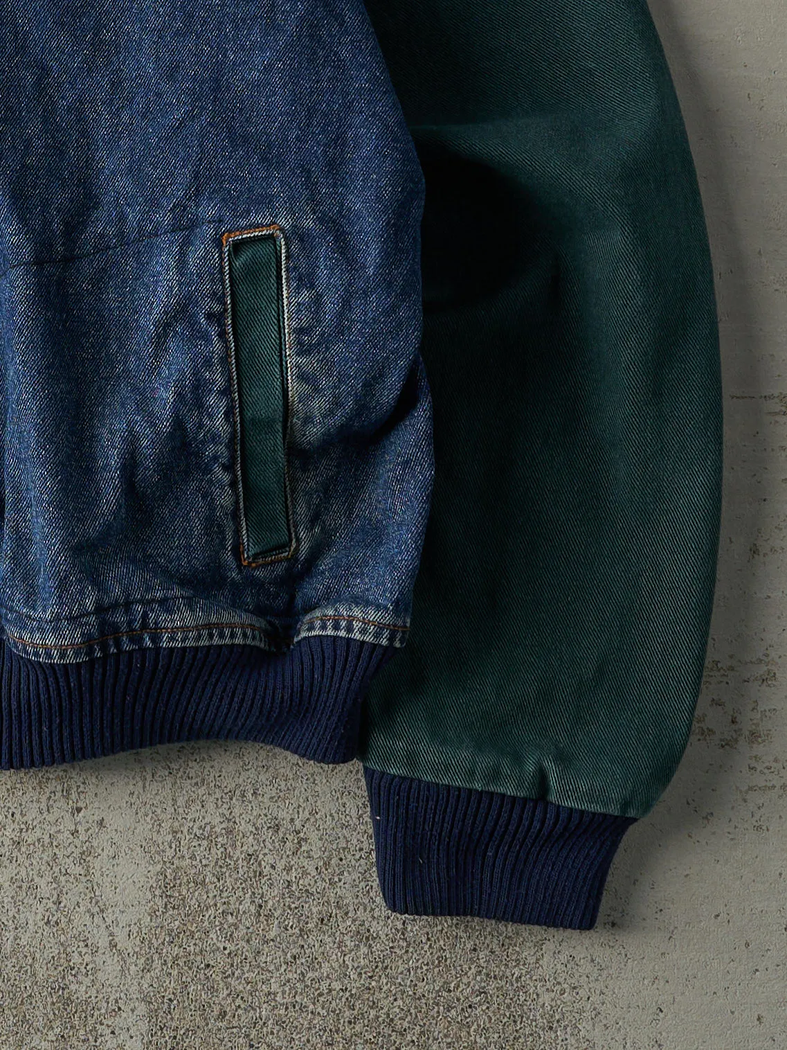 Vintage 90s Dark Wash & Green Embroidered Boxy Denim Bomber Jacket (L) sold by Rebalance Vintage product image thumbnail 3