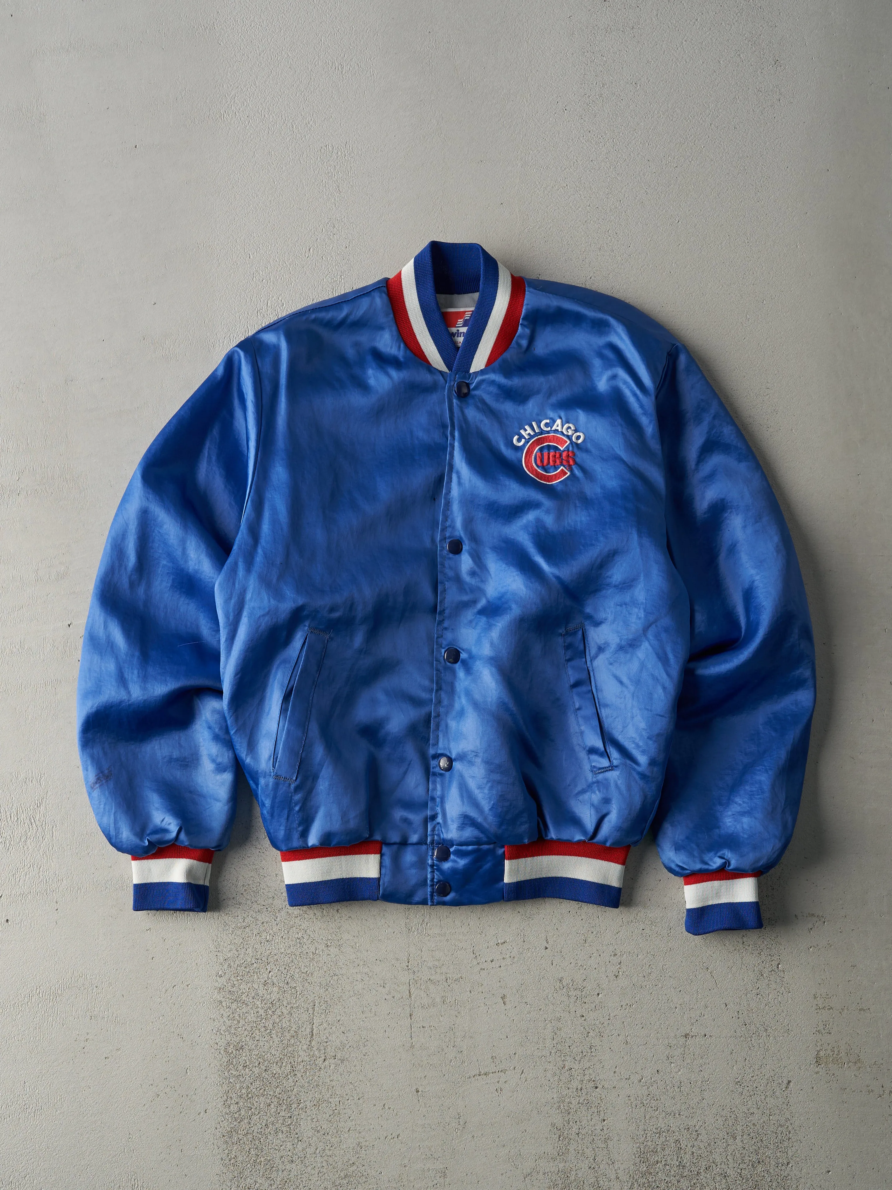 Vintage 80s Blue Chicago Cubs Satin Bomber Jacket (S) sold by Rebalance Vintage