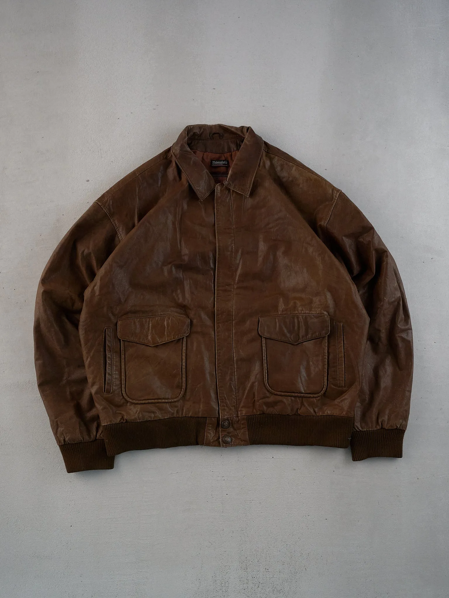Vintage 90s Brown Adventure Bound Collared Leather Jacket (XL) sold by Rebalance Vintage