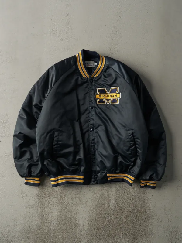 Vintage 90s Navy Blue University of Michigan Wolverines Satin Bomber Jacket (L) sold by Rebalance Vintage
