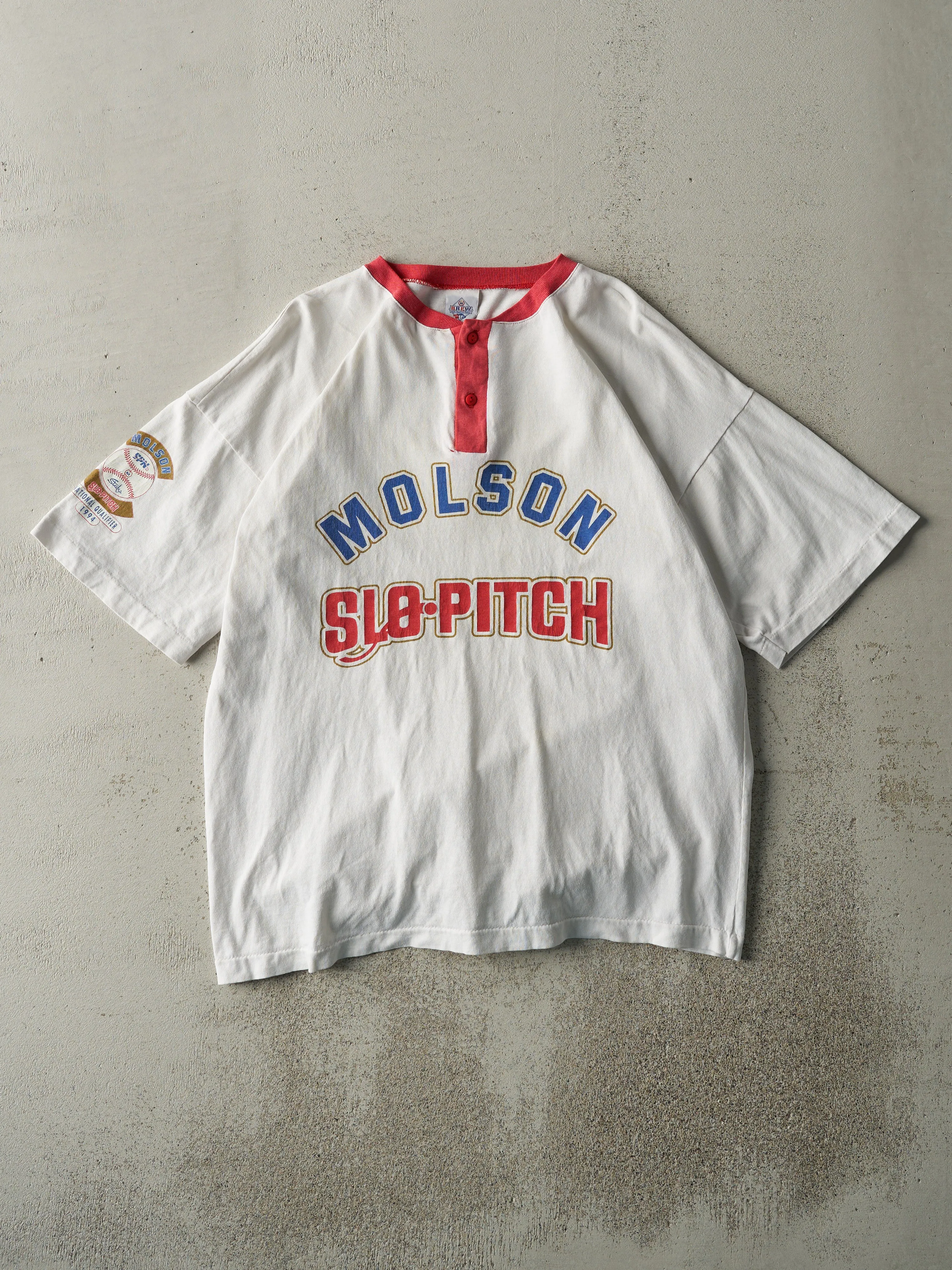 Vintage 94' White Molson Slo-Pitch National Qualifier Quarter Button Tee (M/L) sold by Rebalance Vintage