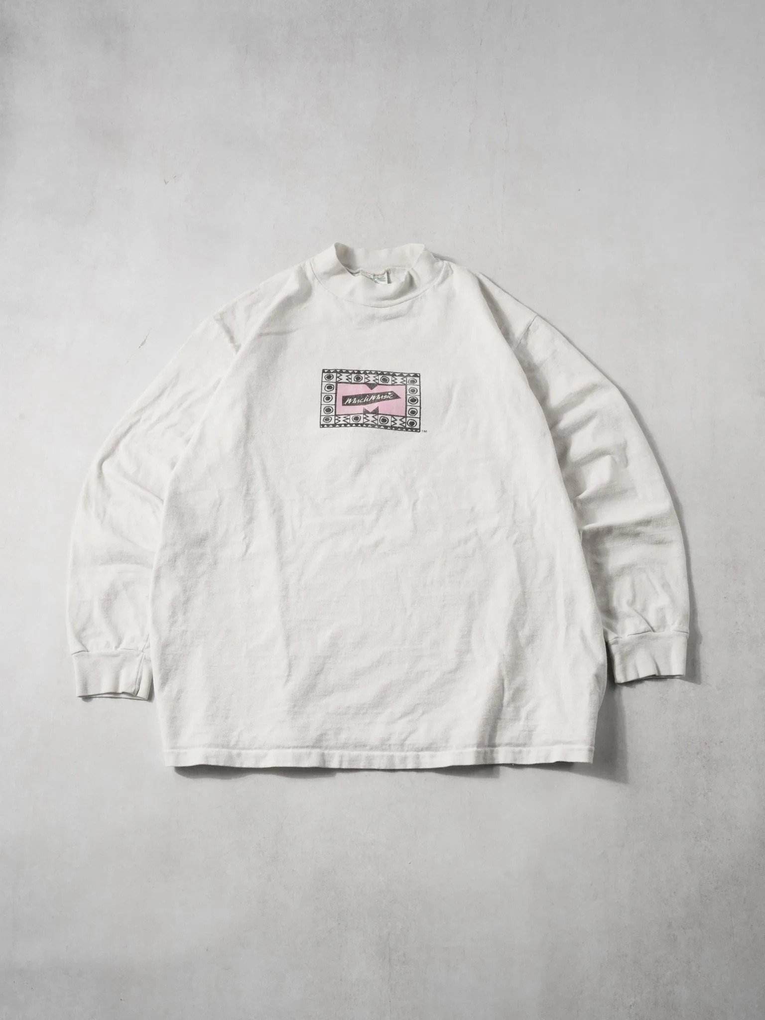 Vintage 90s RARE White and Pink Much Music Mockneck (L) sold by Rebalance Vintage