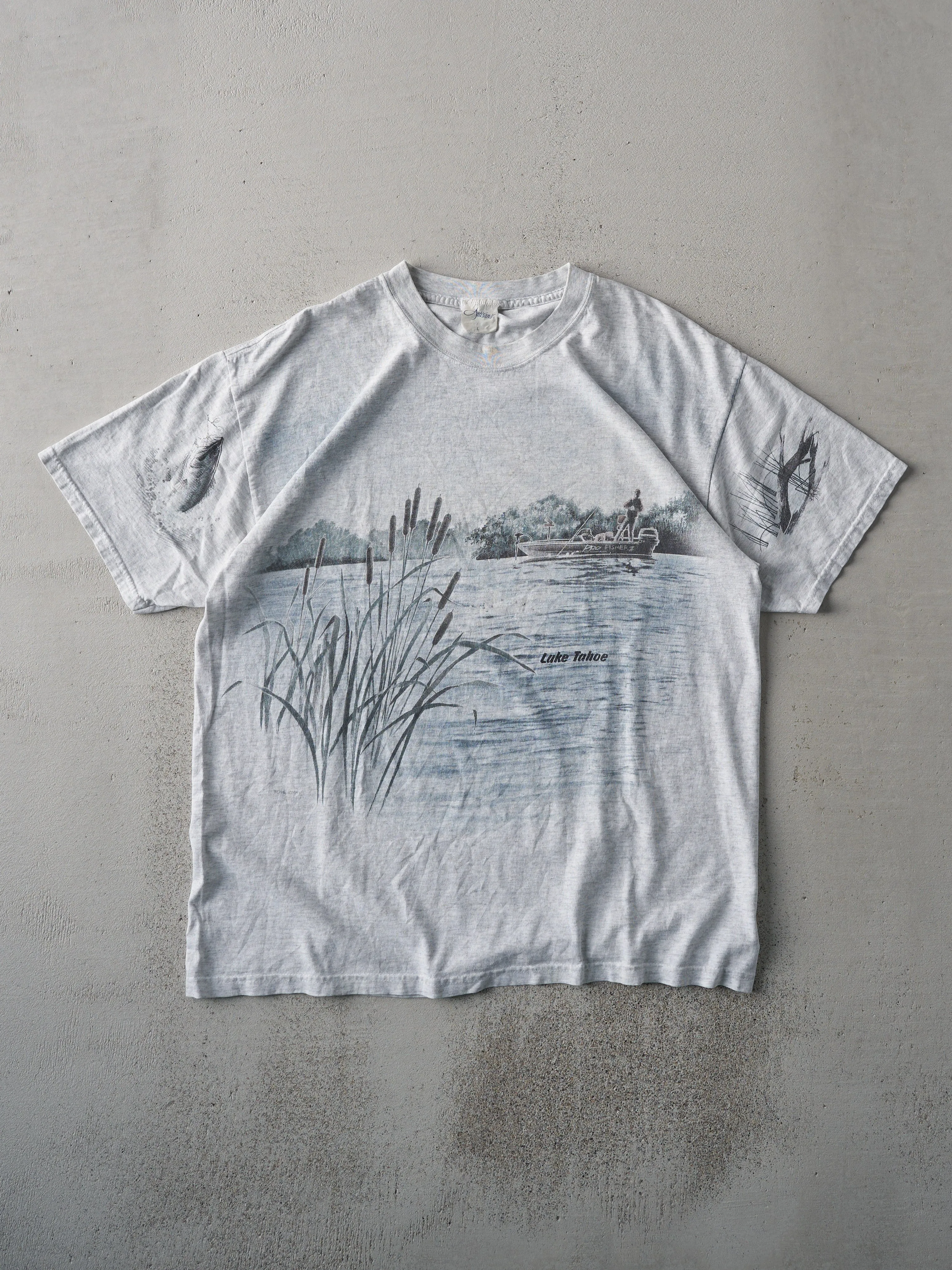 Vintage 90s Light Grey Lake Tahoe Nature Tee (M) sold by Rebalance Vintage