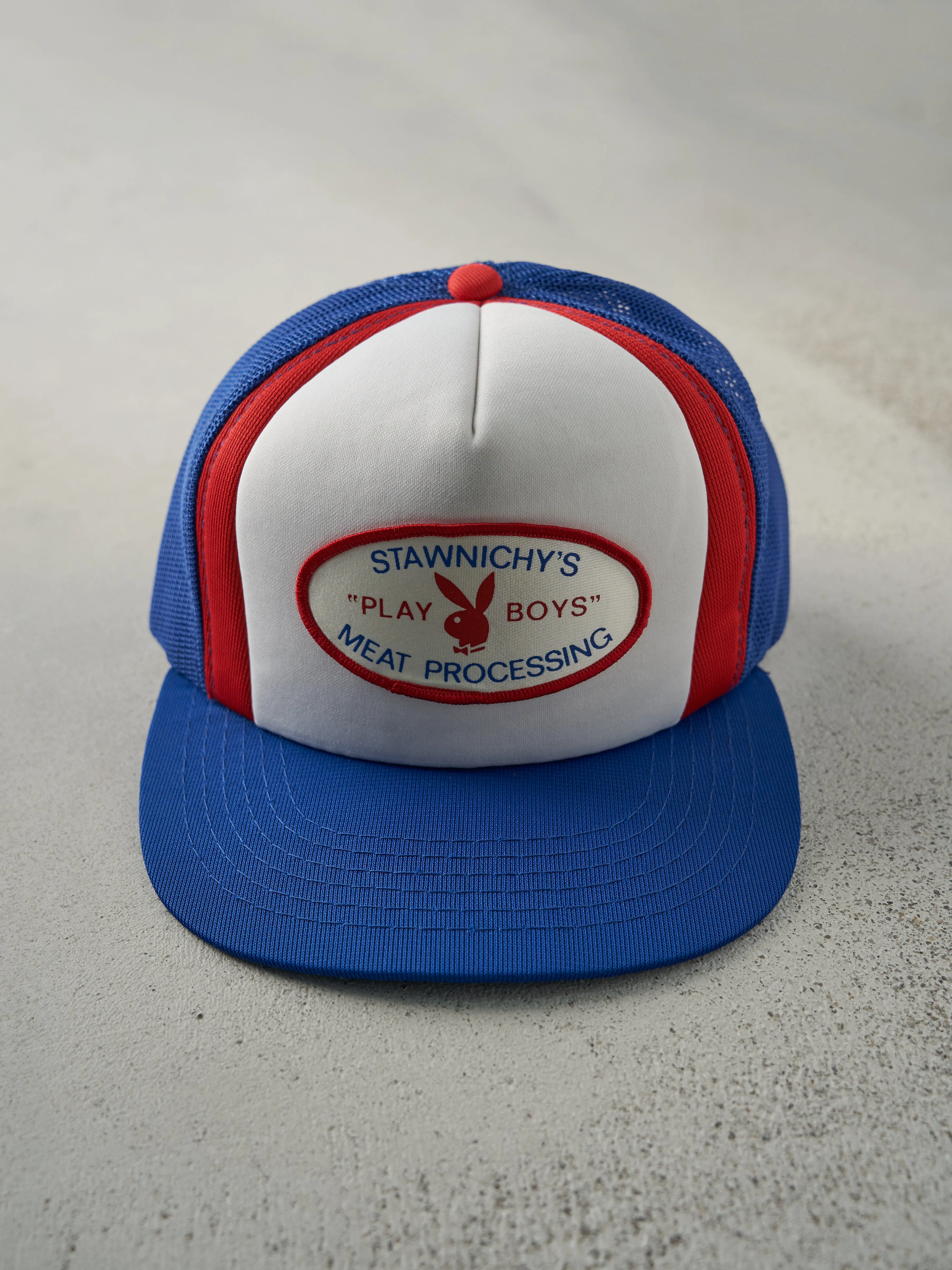 Vintage 90s Blue, Red & White "Play Boys" Foam Trucker Hat sold by Rebalance Vintage