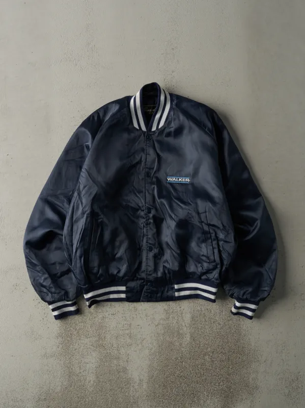Vintage 80s Navy Blue Embroidered Walker Boxy Satin Bomber (L) sold by Rebalance Vintage