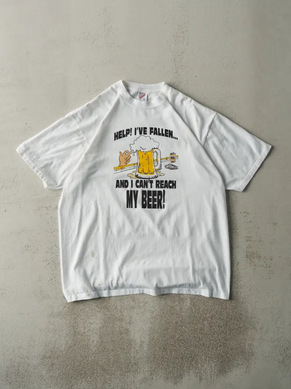Vintage 91' White "I Can't Reach My Beer!" Slogan Tee (M) sold by Rebalance Vintage