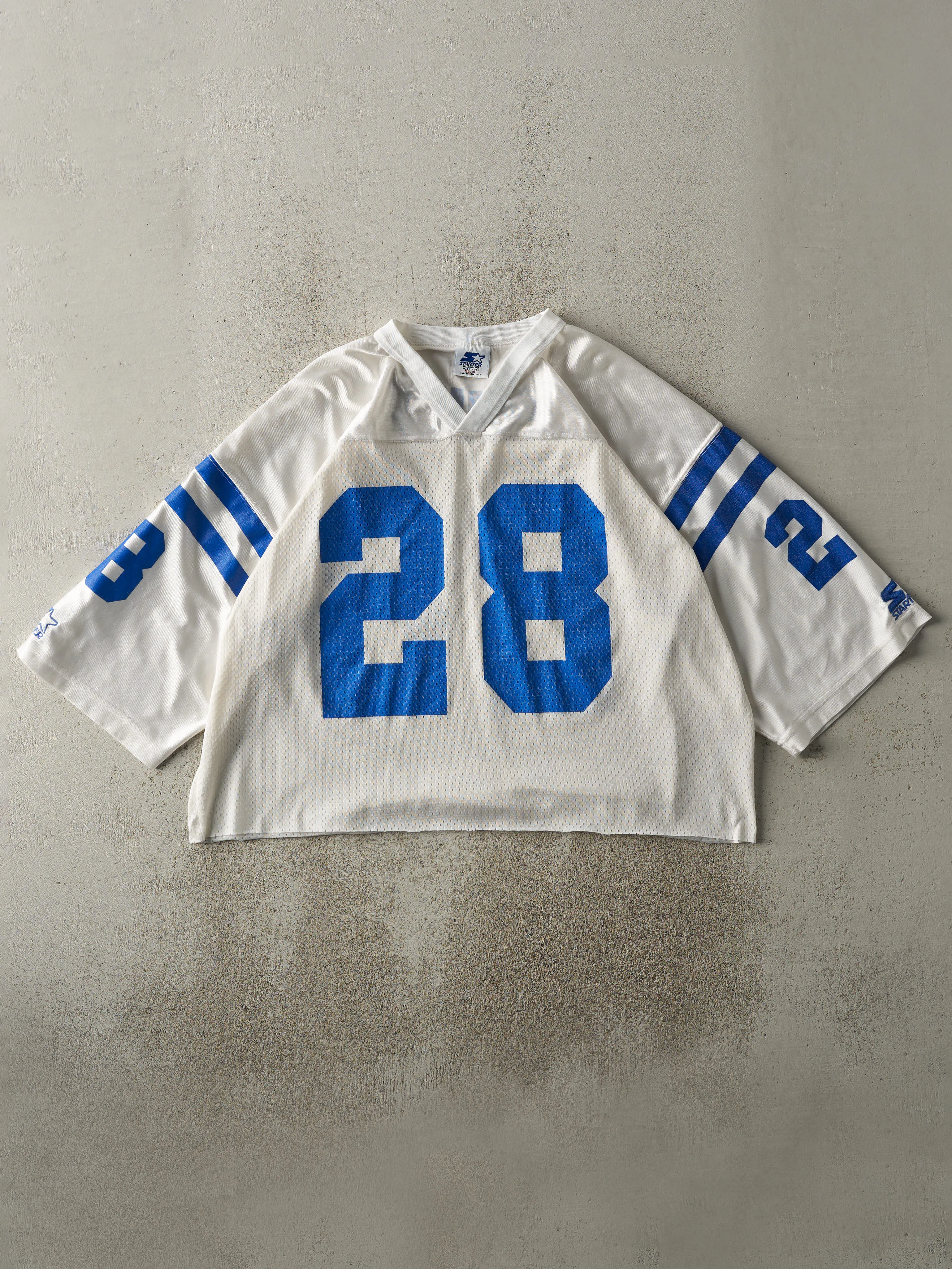 Vintage 95' White & Blue Indianapolis Colts #28 Marshall Faulk Cropped Jersey (M/L) sold by Rebalance Vintage