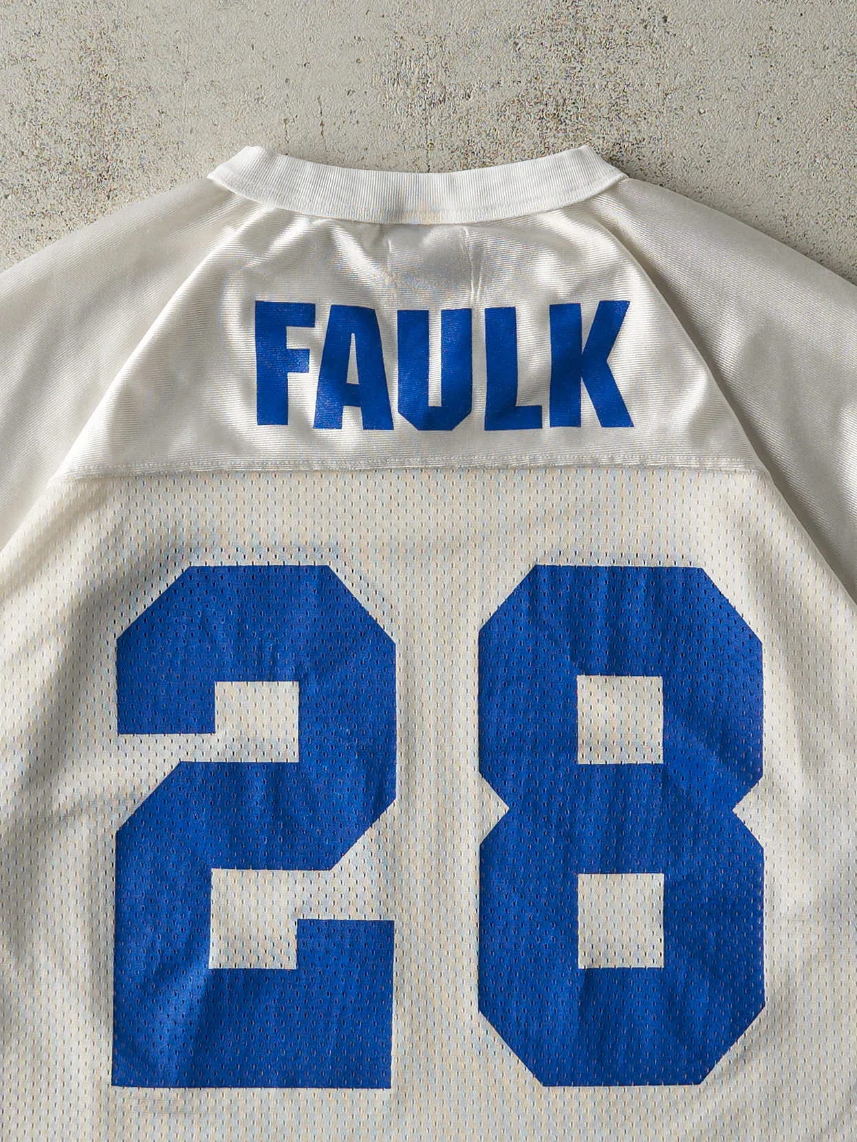 Vintage 95' White & Blue Indianapolis Colts #28 Marshall Faulk Cropped Jersey (M/L) sold by Rebalance Vintage product image thumbnail 5