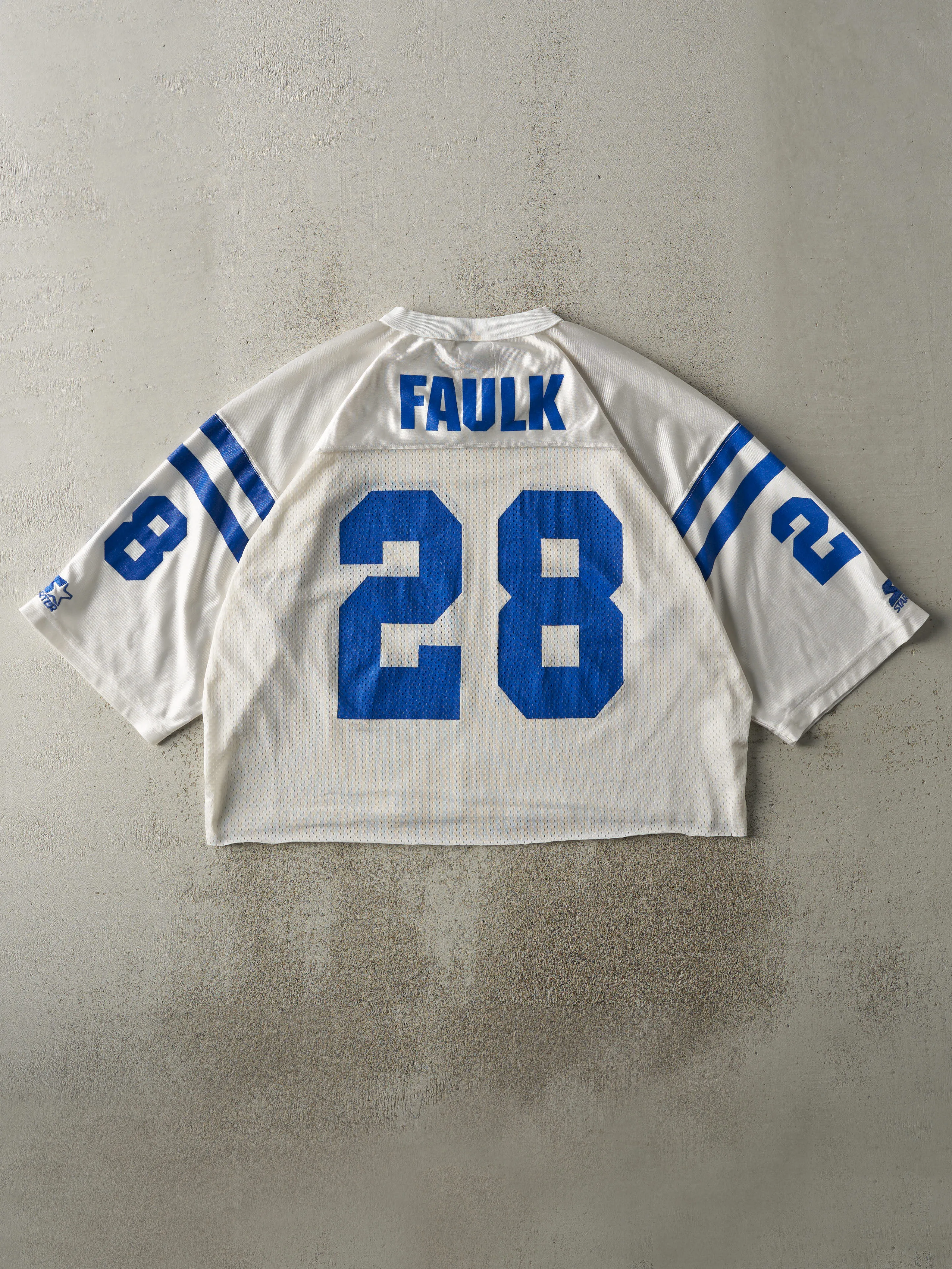 Vintage 95' White & Blue Indianapolis Colts #28 Marshall Faulk Cropped Jersey (M/L) sold by Rebalance Vintage product image thumbnail 2