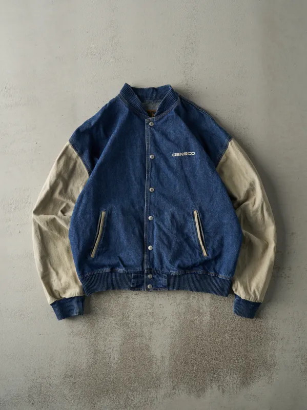 Vintage 90s Dark Wash & Beige Embroidered Denim Bomber Jacket (L) sold by Rebalance Vintage