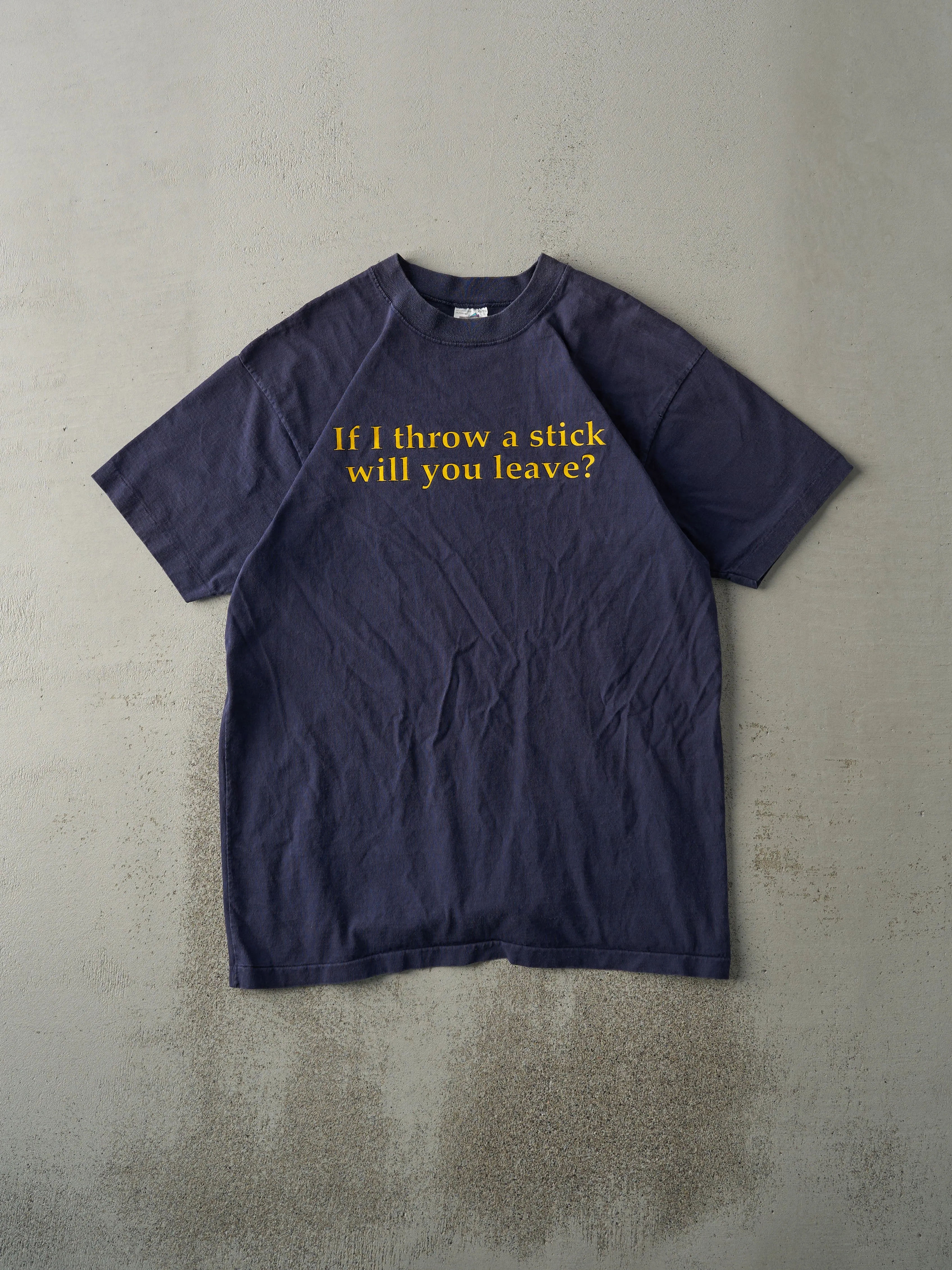 Vintage 90s Navy Blue "If I Throw A Stick" Tee (M) sold by Rebalance Vintage