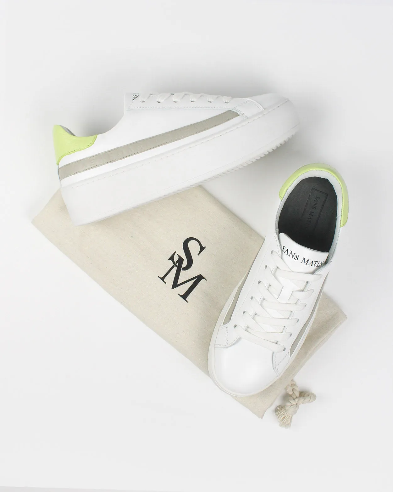 Gaia Platform Sneakers - White, Grey & Lime-Yellow Pebbled Leather sold by SANS MATIN product image thumbnail 5