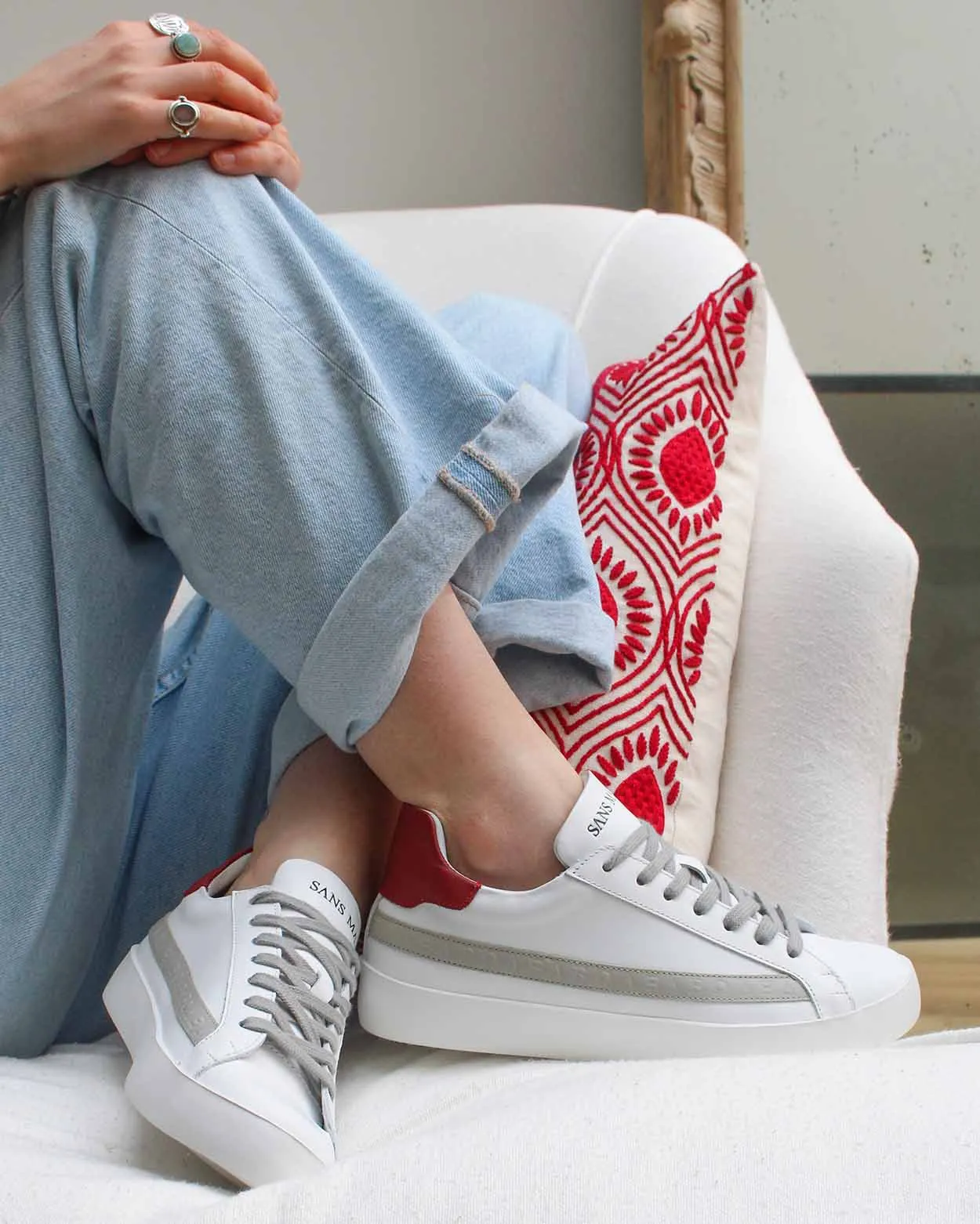 Olympus Low Top Sneakers - White, Red & Grey Leather sold by SANS MATIN product image thumbnail 2