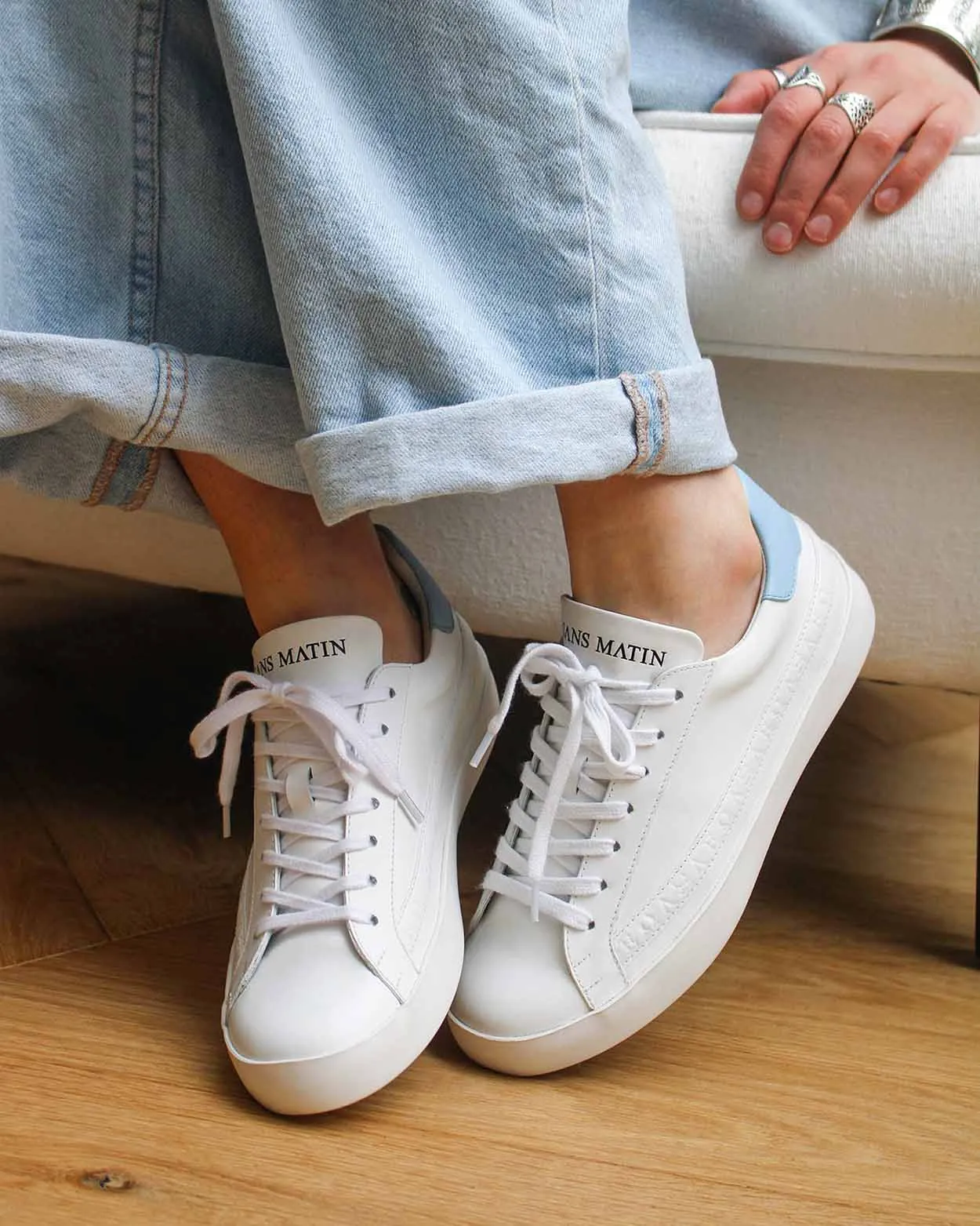 Olympus Low Top Sneakers - White & Baby Blue Pebbled Leather sold by SANS MATIN product image thumbnail 3