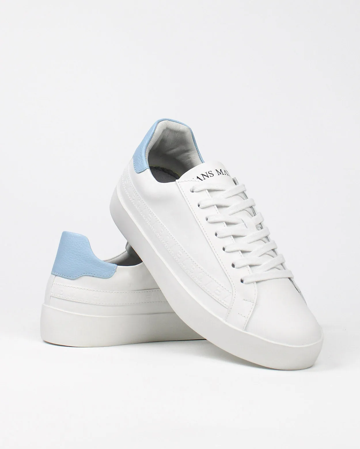 Olympus Low Top Sneakers - White & Baby Blue Pebbled Leather sold by SANS MATIN