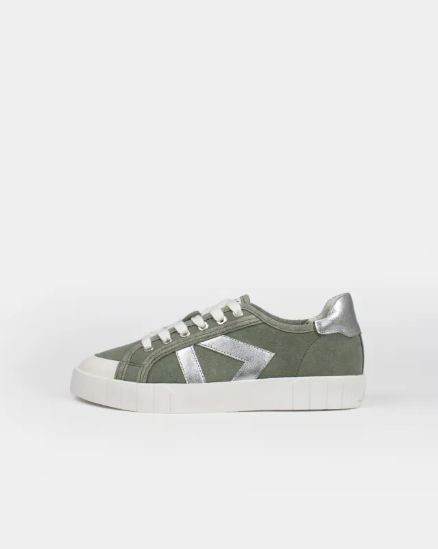 AW25 Limited Edition Helios Low Top Sneakers - Khaki Green Canvas & Silver Leather sold by SANS MATIN