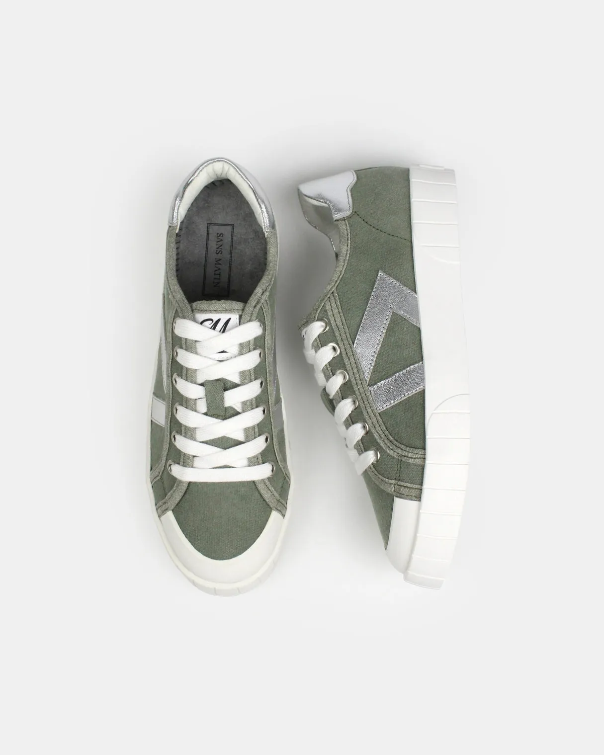 AW25 Limited Edition Helios Low Top Sneakers - Khaki Green Canvas & Silver Leather sold by SANS MATIN product image thumbnail 4