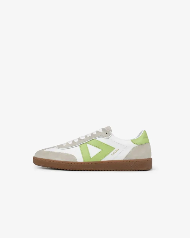 Hera Low Top Sneakers - White Leather, Taupe Suede & Lime Green Pebbled Leather made by SANS MATIN