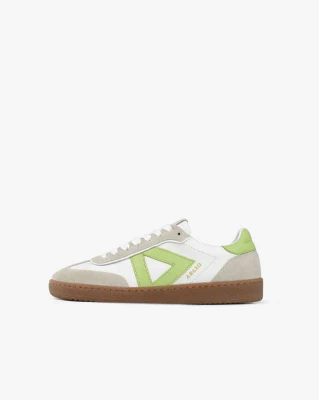 Hera Low Top Sneakers - White Leather, Taupe Suede & Lime Green Pebbled Leather made by SANS MATIN