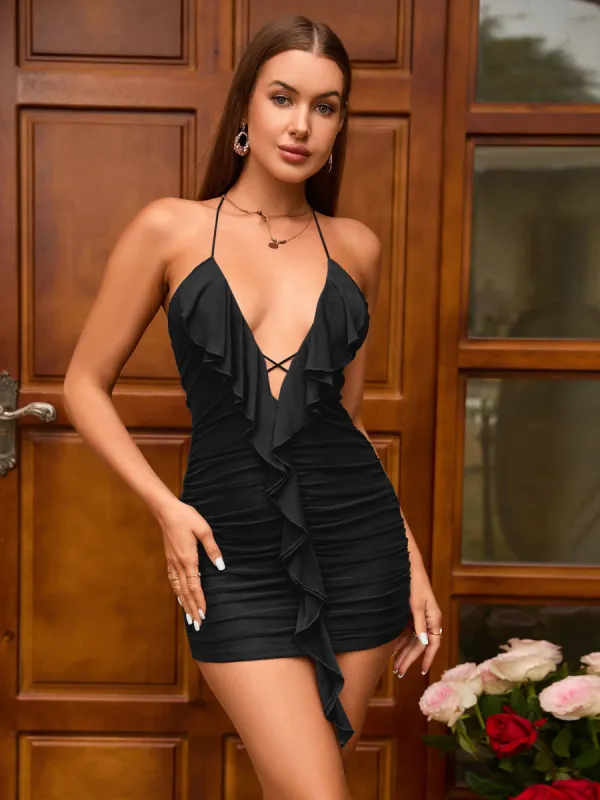 Ruffle Trim Ruched Mesh Bodycon Dress sold by Parthea Fashion