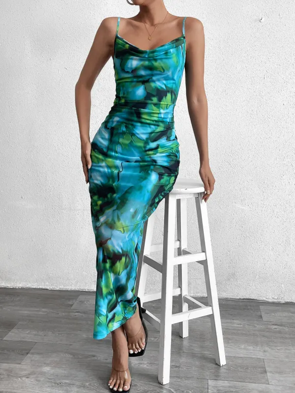 Cut Out Draped Neck Mesh Print Dress sold by Parthea Fashion