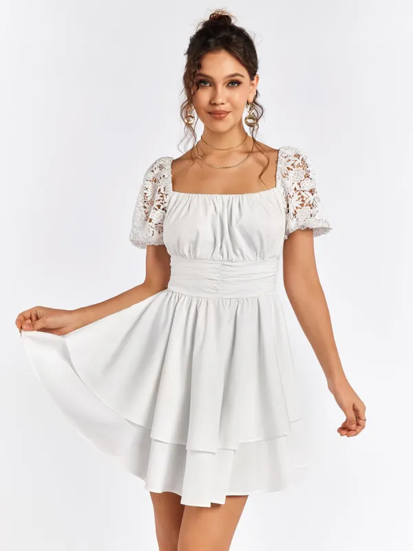 Puff Sleeve Embellished Tiered Dress sold by Parthea Fashion
