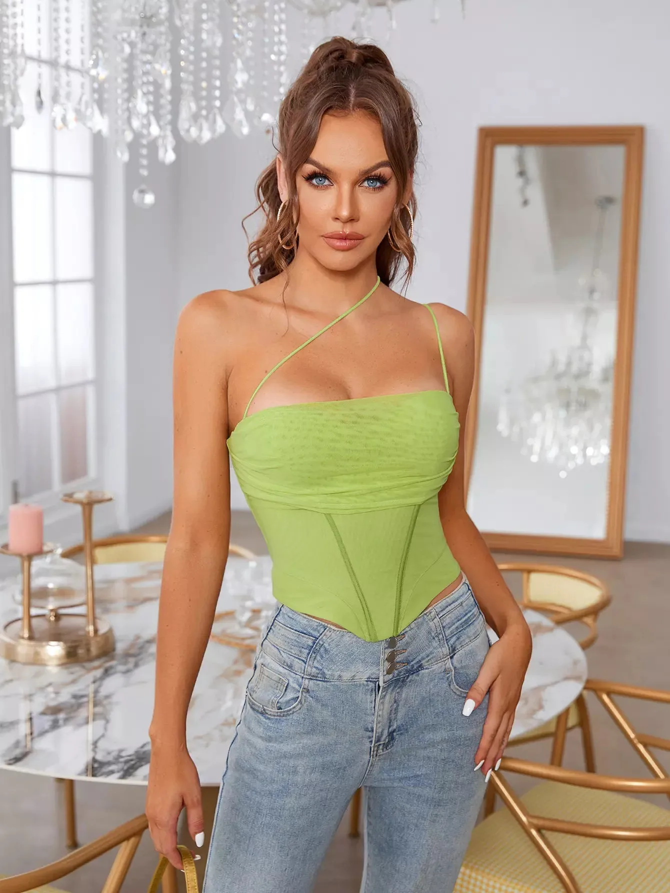 One Shoulder Asymmetrical Hem Mesh Top sold by Parthea Fashion product image thumbnail 4