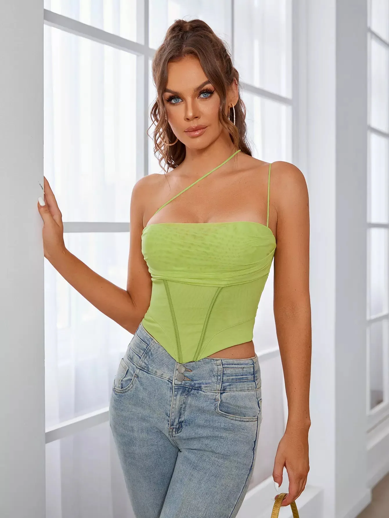 One Shoulder Asymmetrical Hem Mesh Top sold by Parthea Fashion product image thumbnail 3