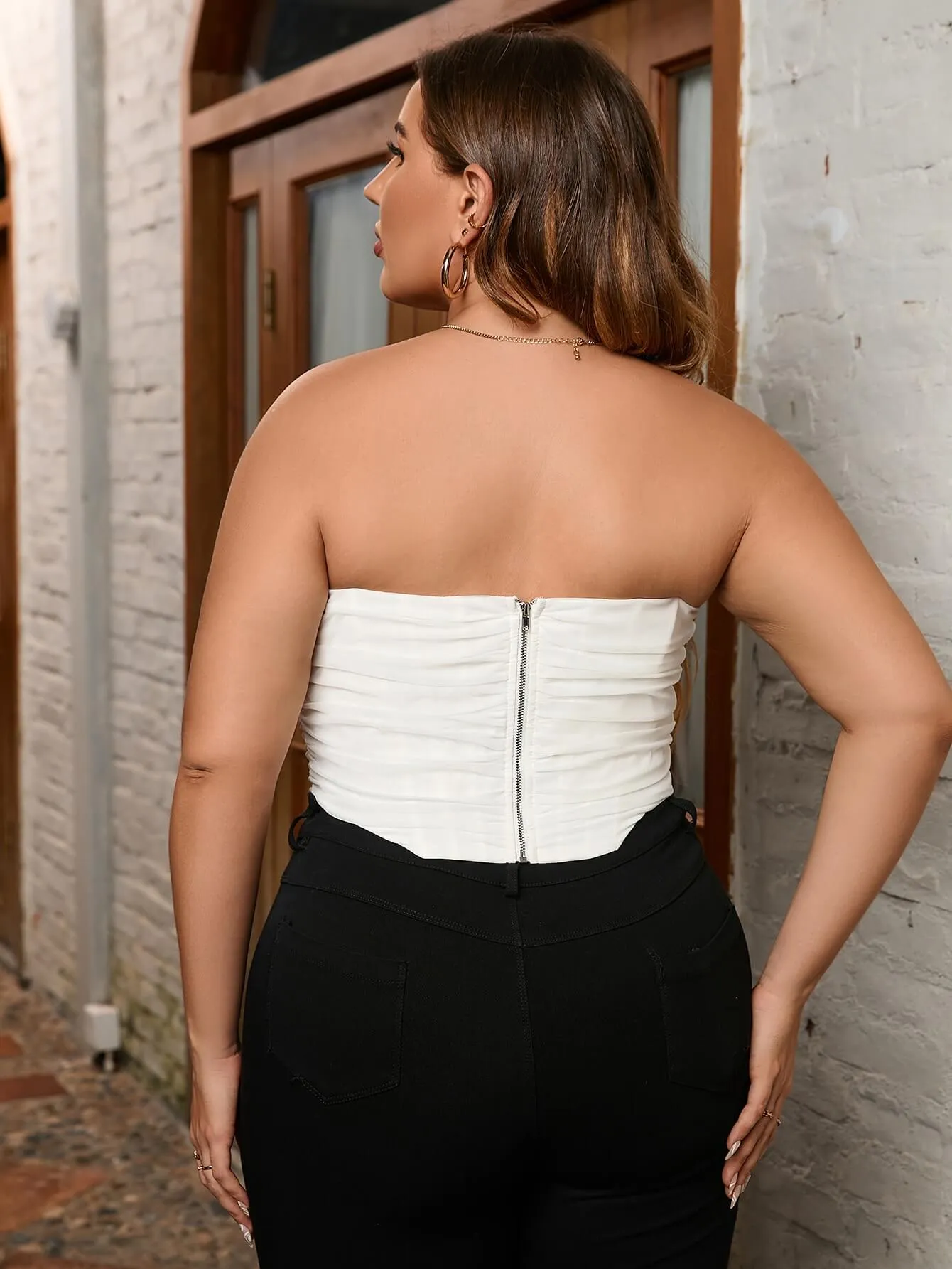 Plus Ruched Asymmetrical Hem Mesh Tube Corset Top sold by Parthea Fashion product image thumbnail 2