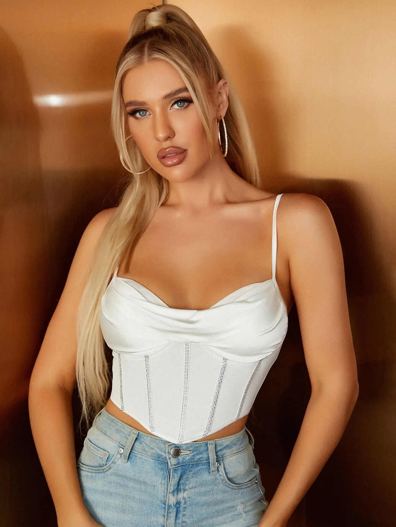 Rhinestone Boning Mesh Satin Spliced Crop Top sold by Parthea Fashion