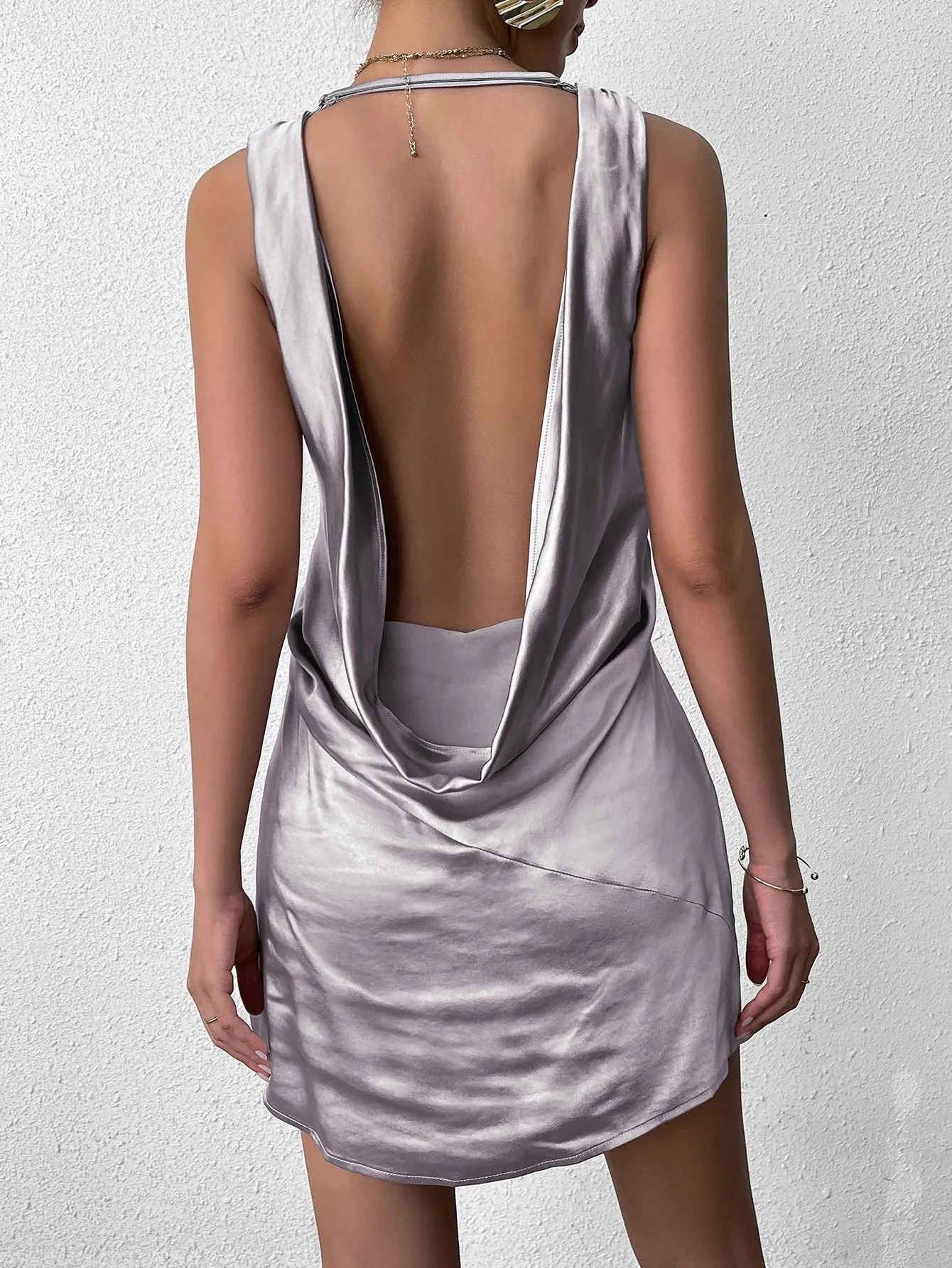 Draped Backless V-Neck Satin Mini Dress sold by Parthea Fashion product image thumbnail 2