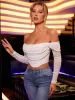 Off Shoulder High-low Hem Ruched Mesh Top sold by Parthea Fashion